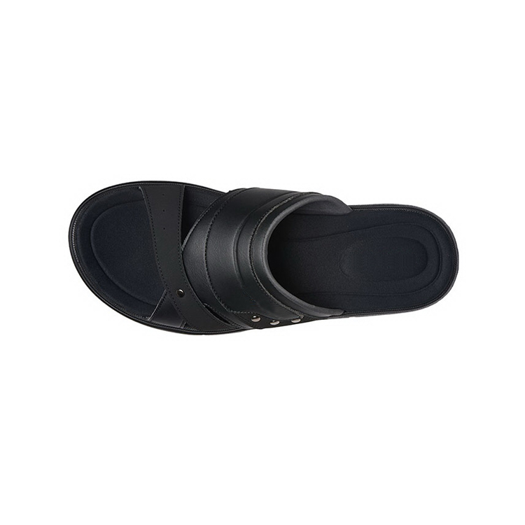 China Brand Customized High Quality Solid Black Flat Leather Summer Flip Flops Men